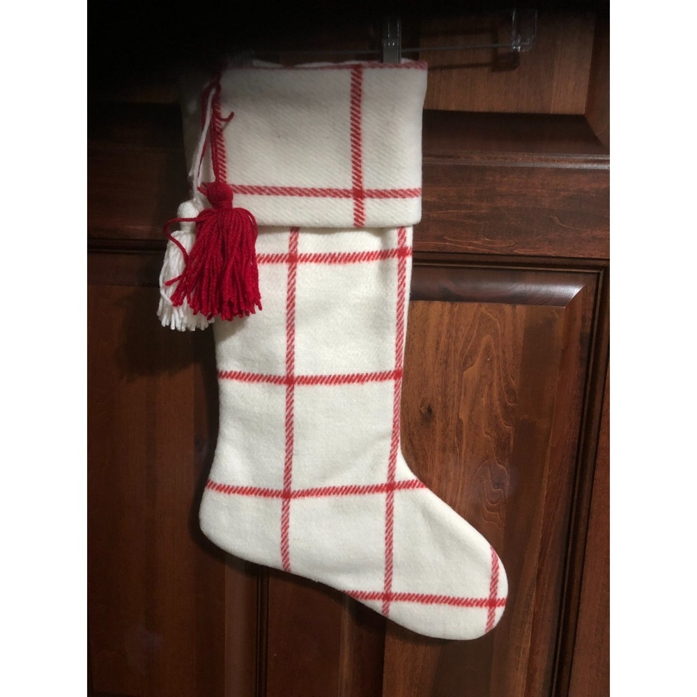 GRANDIN ROAD Windowpane Red & Cream Stocking with Cuff & 2 Tassels NEW